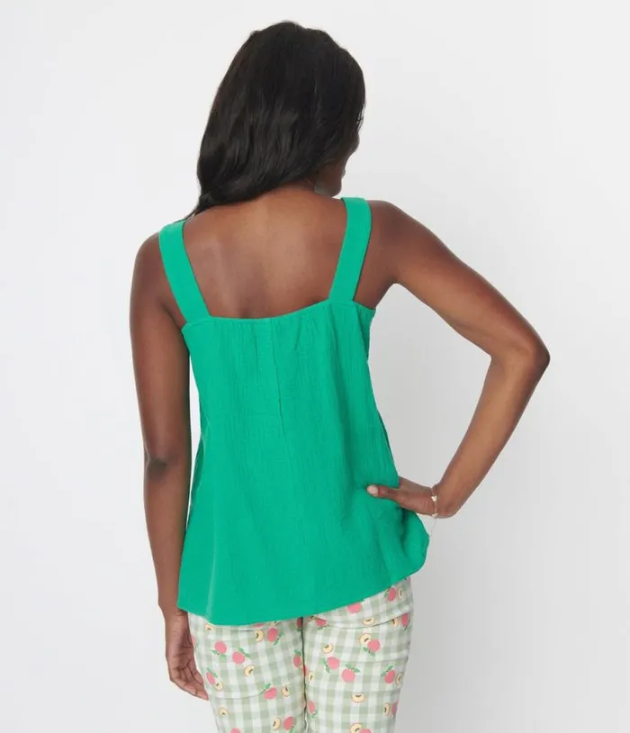 Kelly Green Faux Button Sleeveless Top Clothing Unique Vintage Blouses