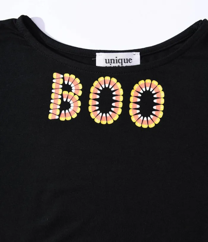 Kids Black Candy Corn Boo Embroidered Gracie Top Halloween Unique Vintage Tops
