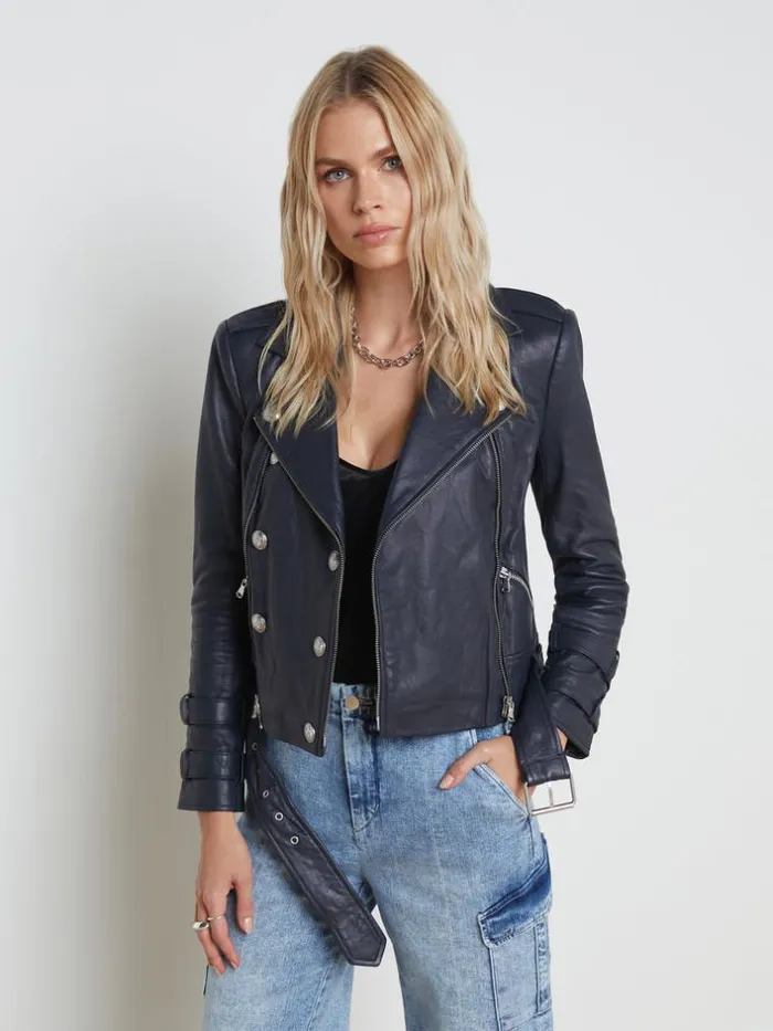 L039Agence Blazers and Jackets Women Billie Belted Leather Jacket Midnight