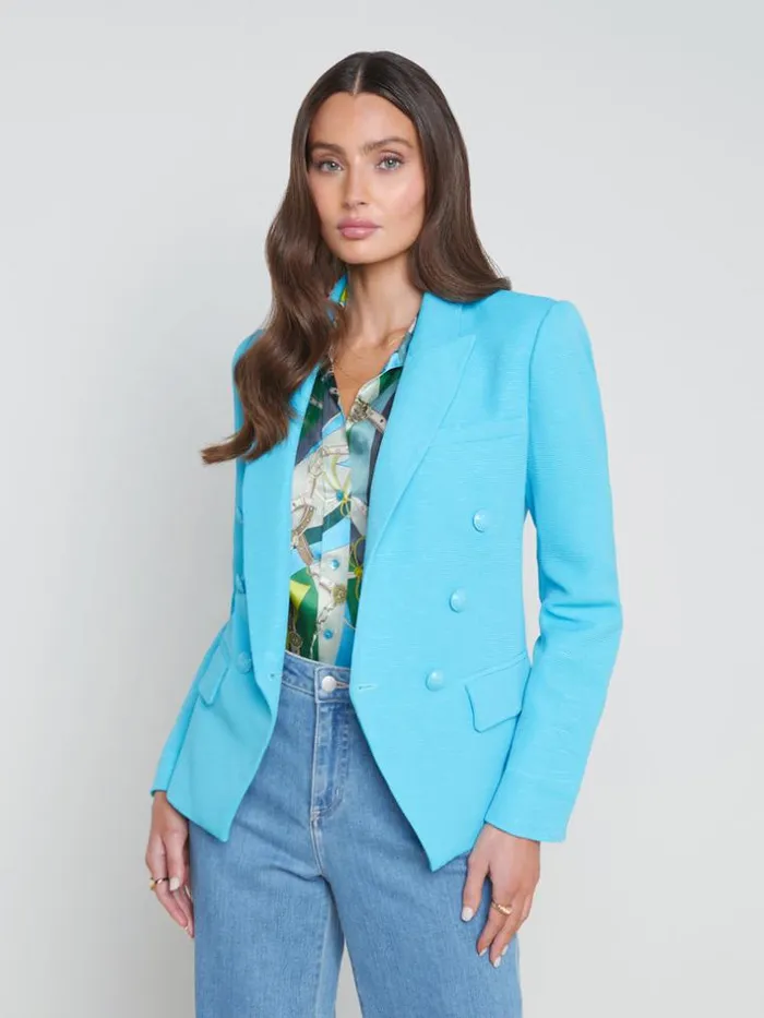 L039Agence Blazers and Jackets Women Kenzie CottonBlend Blazer Blue Atollmulti Belt