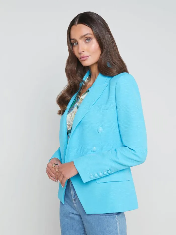 L039Agence Blazers and Jackets Women Kenzie CottonBlend Blazer Blue Atollmulti Belt