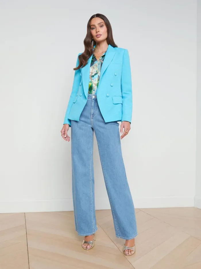 L039Agence Blazers and Jackets Women Kenzie CottonBlend Blazer Blue Atollmulti Belt