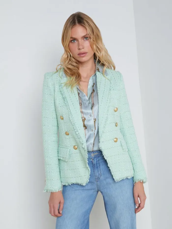L039Agence Blazers and Jackets Women Kenzie FringeTrim Blazer Honeydewbelt Stripe