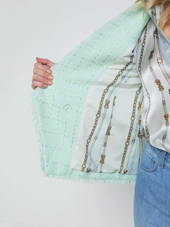 L039Agence Blazers and Jackets Women Kenzie FringeTrim Blazer Honeydewbelt Stripe