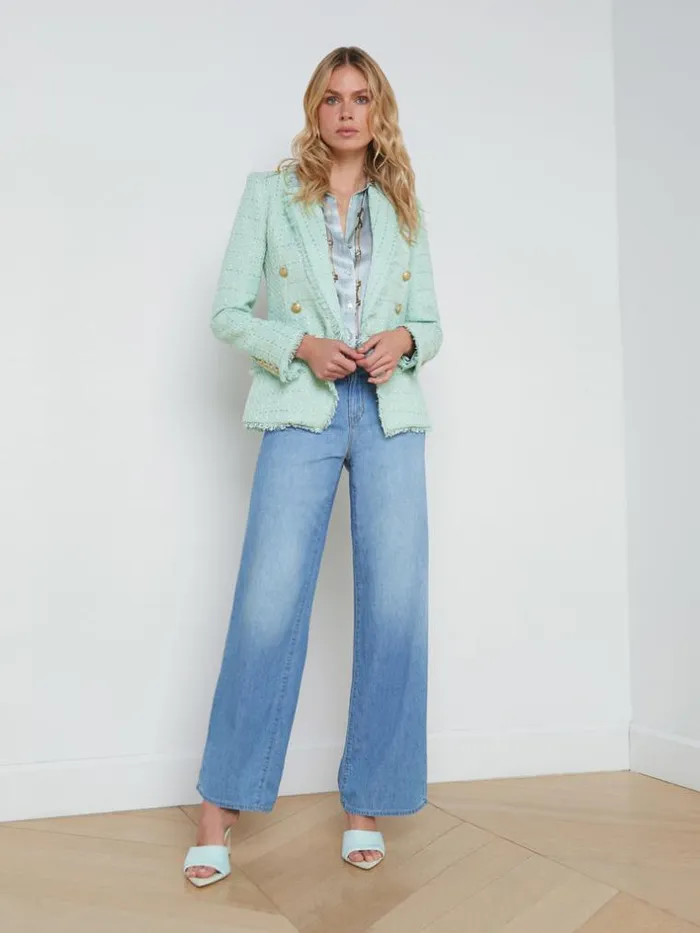 L039Agence Blazers and Jackets Women Kenzie FringeTrim Blazer Honeydewbelt Stripe