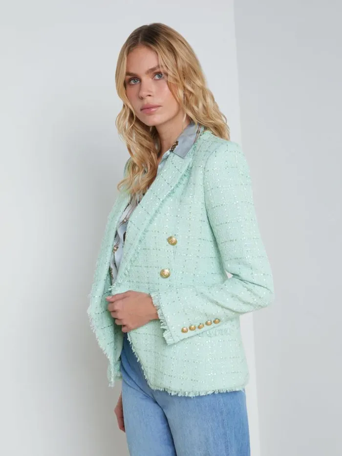 L039Agence Blazers and Jackets Women Kenzie FringeTrim Blazer Honeydewbelt Stripe