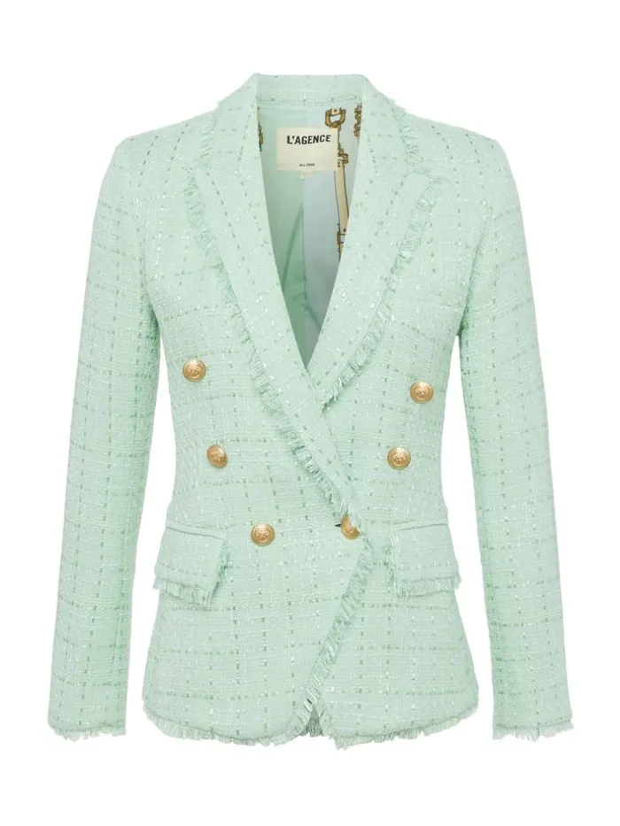 L039Agence Blazers and Jackets Women Kenzie FringeTrim Blazer Honeydewbelt Stripe