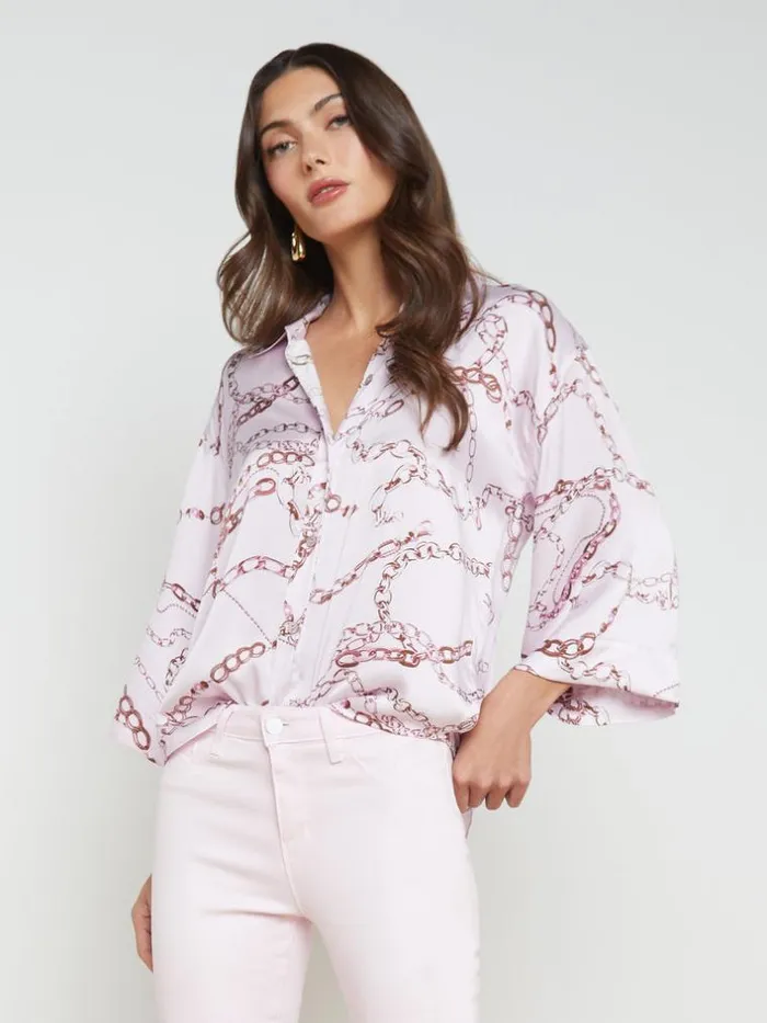 L039Agence Blouses and Tops Women Patrice Silk Blouse Lilac Snow Multi Sketch Chain L039Agence Blouses and Tops Women Patrice Silk Blouse Lilac Snow Multi Sketch Chain