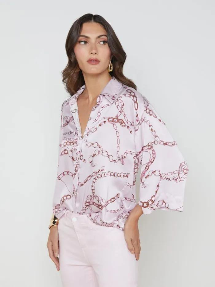 L039Agence Blouses and Tops Women Patrice Silk Blouse Lilac Snow Multi Sketch Chain
