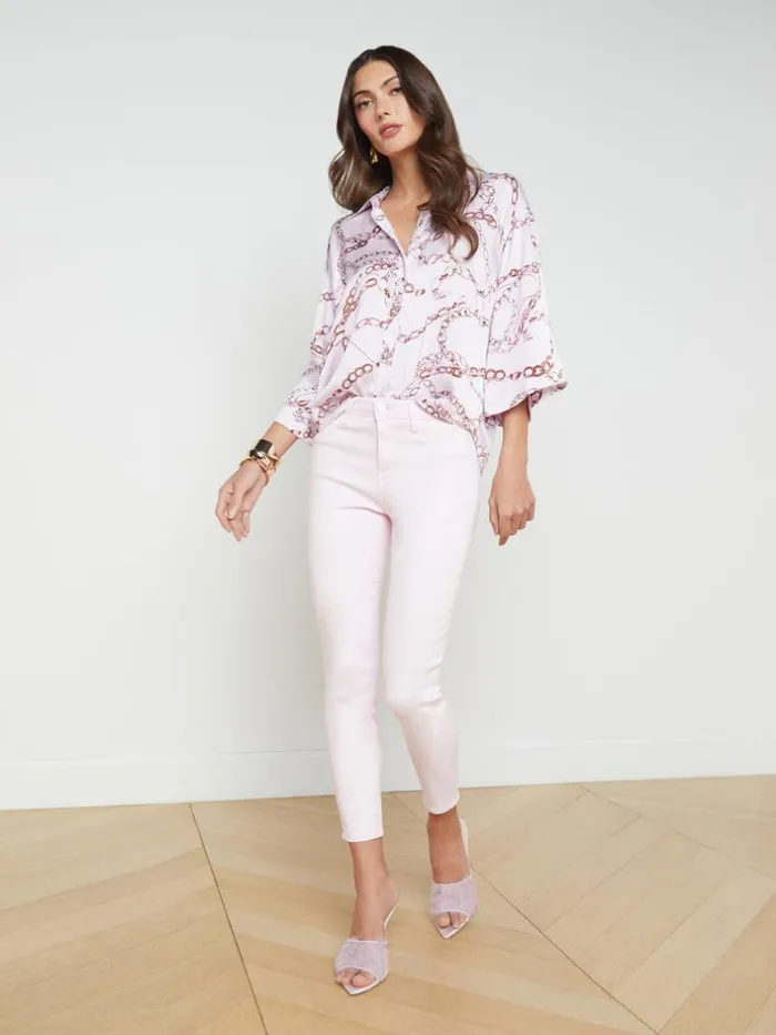 L039Agence Blouses and Tops Women Patrice Silk Blouse Lilac Snow Multi Sketch Chain