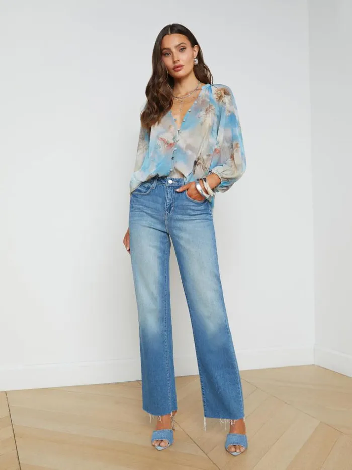 L039Agence Blouses and Tops Women Teagan PuffSleeve Blouse Light Blue Multi Renaissance
