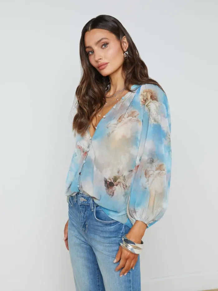 L039Agence Blouses and Tops Women Teagan PuffSleeve Blouse Light Blue Multi Renaissance