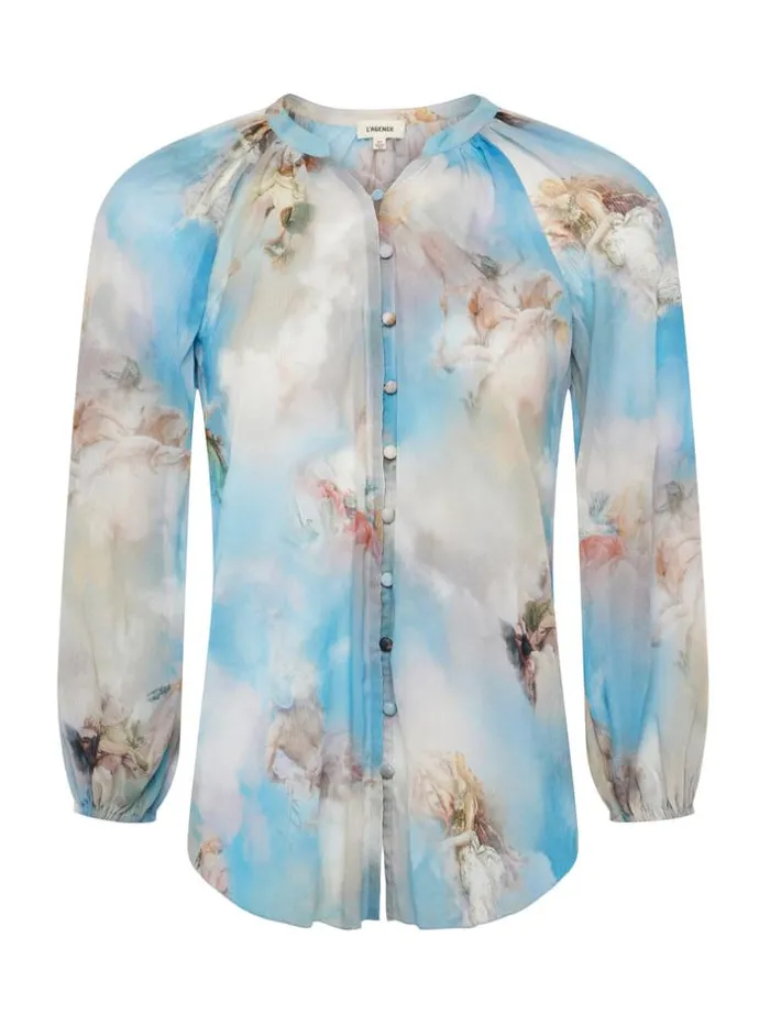 L039Agence Blouses and Tops Women Teagan PuffSleeve Blouse Light Blue Multi Renaissance