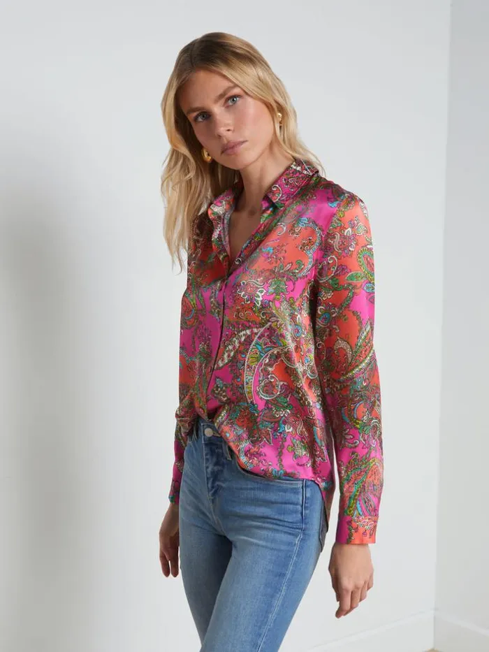 L039Agence Blouses and Tops Women Tyler Silk Blouse Rhodamine Multi Bright Pop Paisley