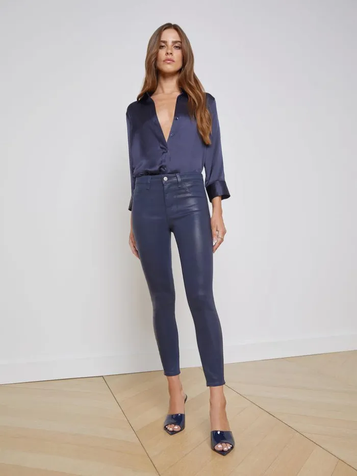L039Agence Coated Denim Women Margot Coated Skinny Jean Navy Coated