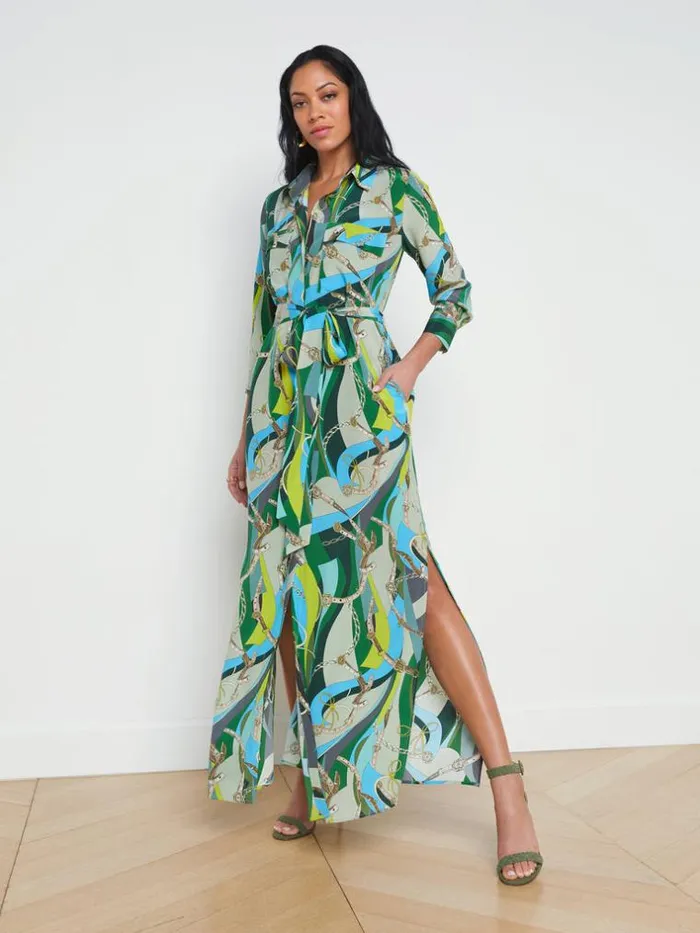 L039Agence Dresses and Jumpsuits Women Cameron Silk Shirt Dress Sea Green Multi Belt Swirl