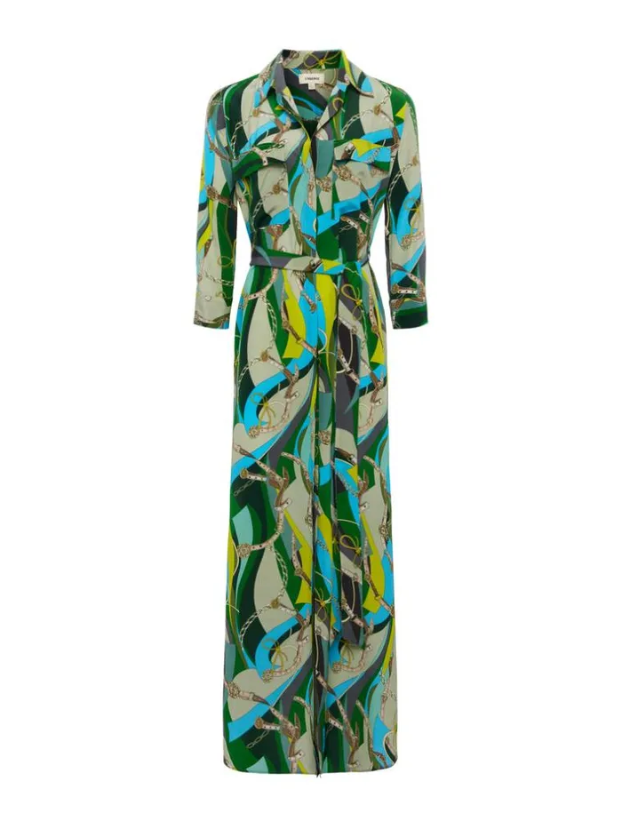 L039Agence Dresses and Jumpsuits Women Cameron Silk Shirt Dress Sea Green Multi Belt Swirl