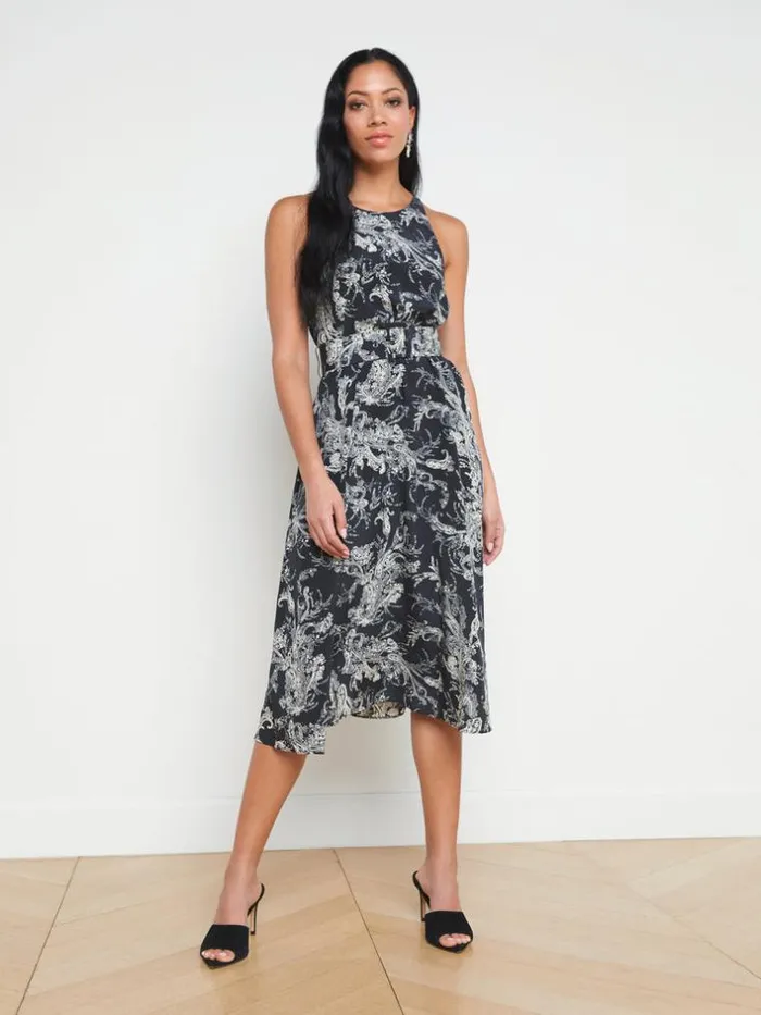 L039Agence Dresses and Jumpsuits Women Vivian Belted Silk Dress Blackecru Sketch Paisley