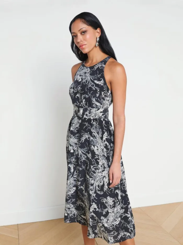 L039Agence Dresses and Jumpsuits Women Vivian Belted Silk Dress Blackecru Sketch Paisley