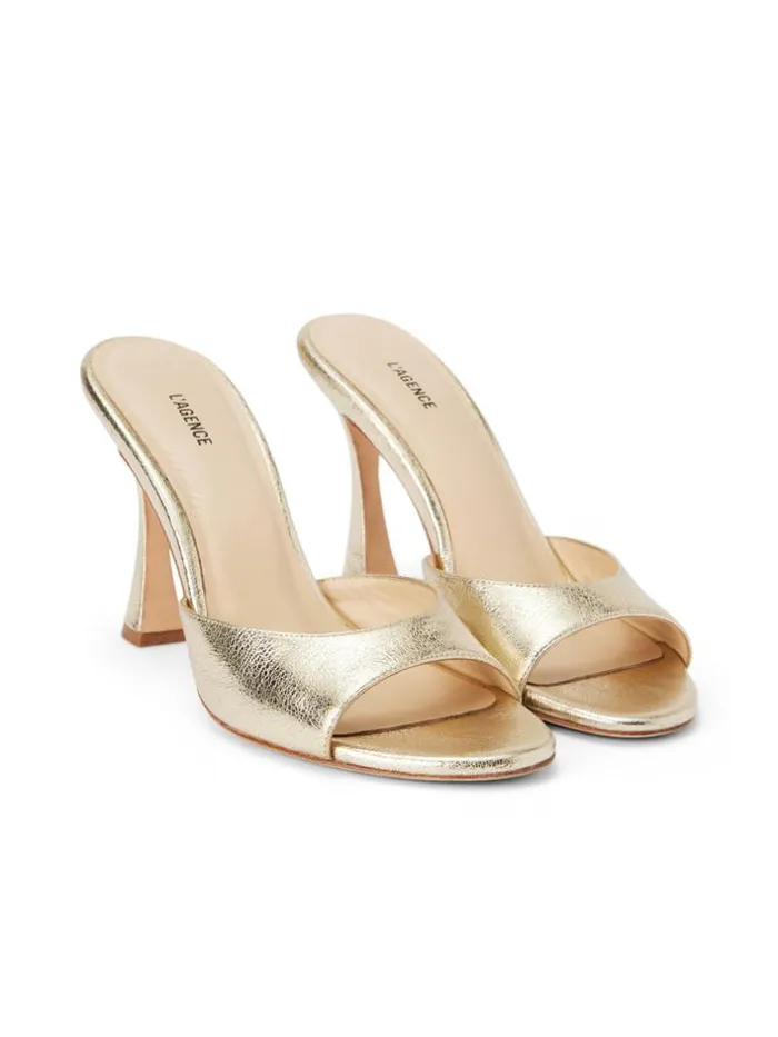 L039Agence Heels and Pumps Women Avery Leather PeepToe Mule Gold Metallic Leather