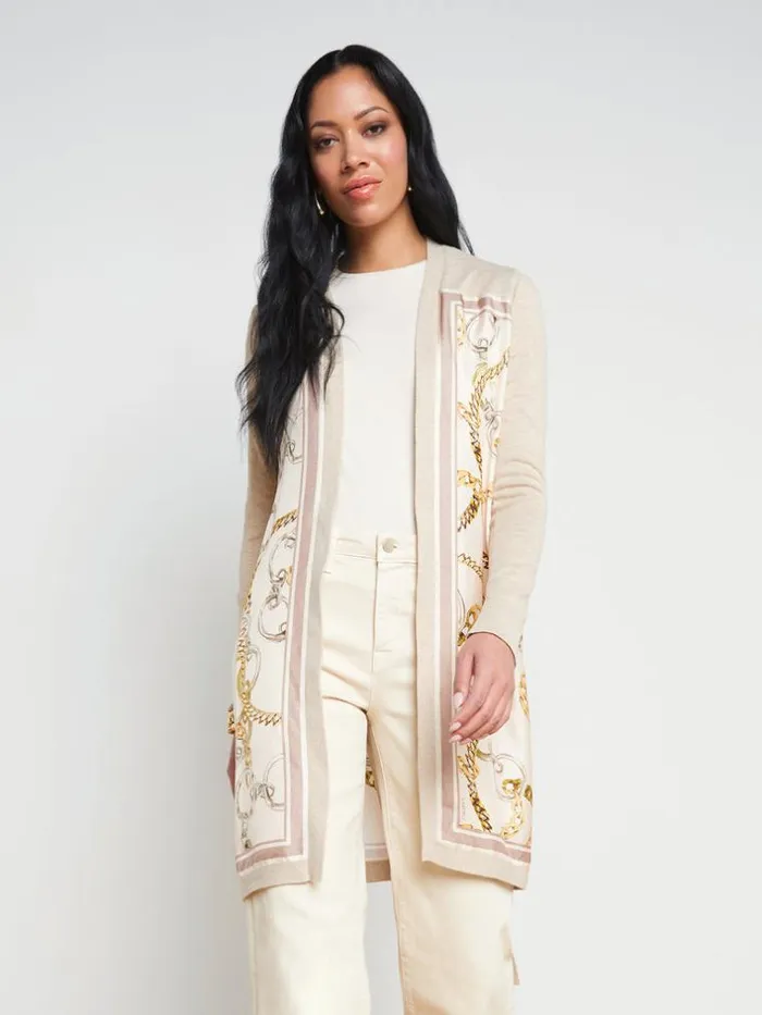 L039Agence Knitwear Women Beverly Silk Panel Cardigan Cremaecru Multi Oversized Chain Scarf