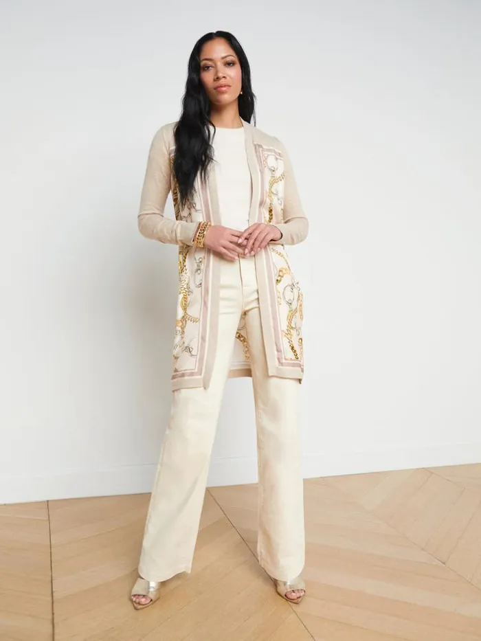 L039Agence Knitwear Women Beverly Silk Panel Cardigan Cremaecru Multi Oversized Chain Scarf