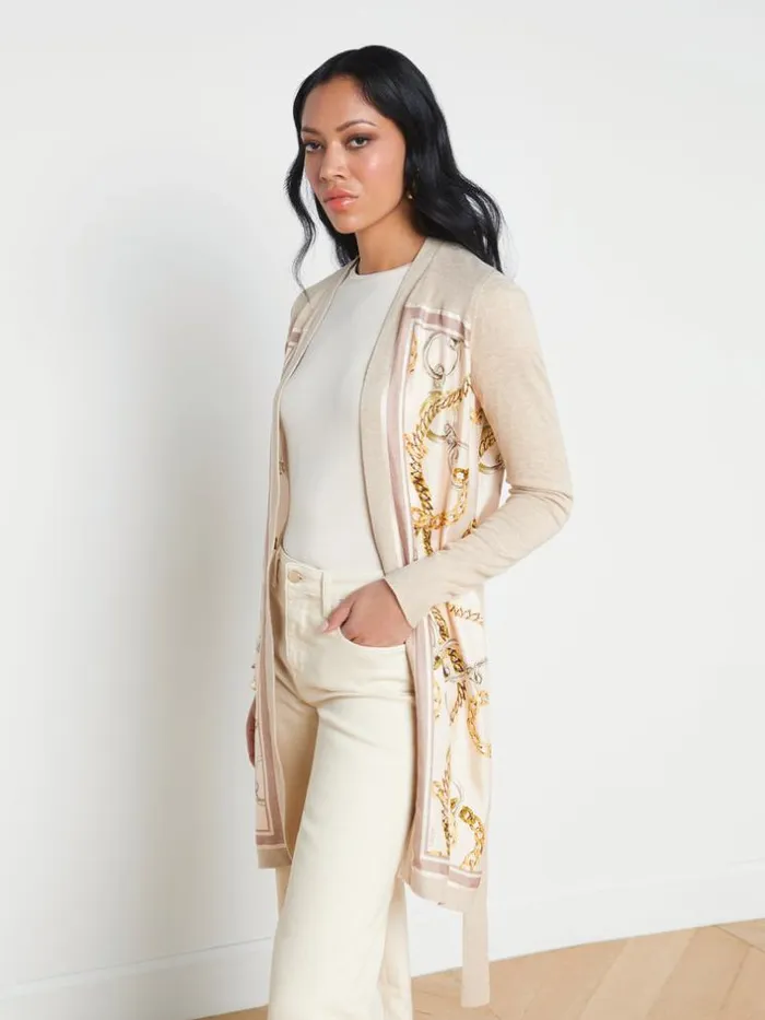 L039Agence Knitwear Women Beverly Silk Panel Cardigan Cremaecru Multi Oversized Chain Scarf