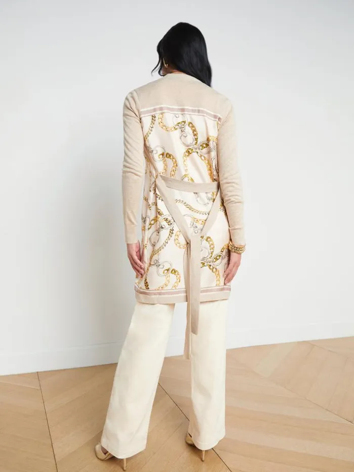 L039Agence Knitwear Women Beverly Silk Panel Cardigan Cremaecru Multi Oversized Chain Scarf