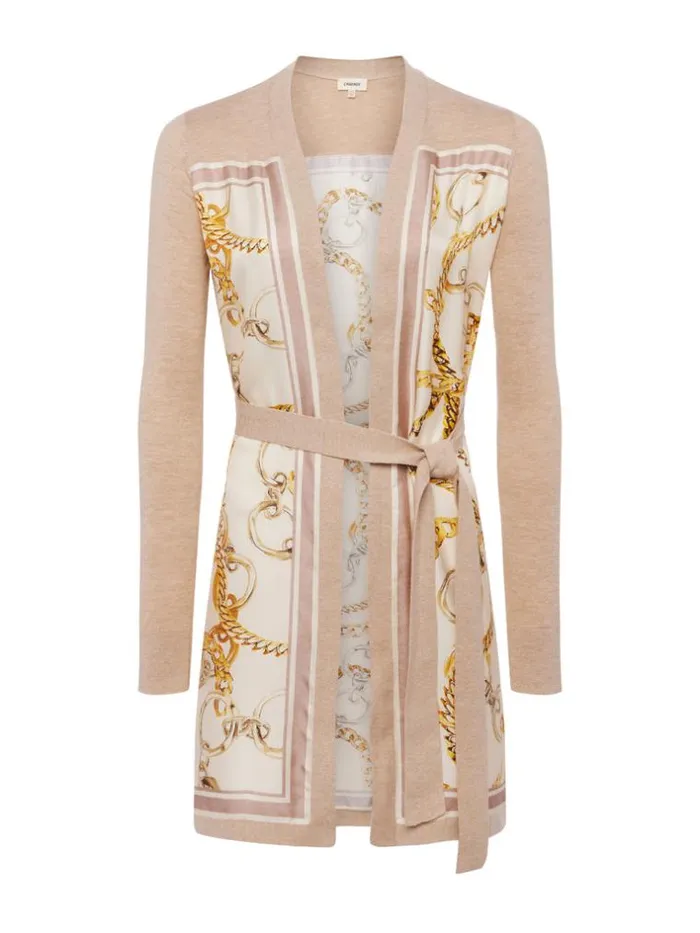 L039Agence Knitwear Women Beverly Silk Panel Cardigan Cremaecru Multi Oversized Chain Scarf