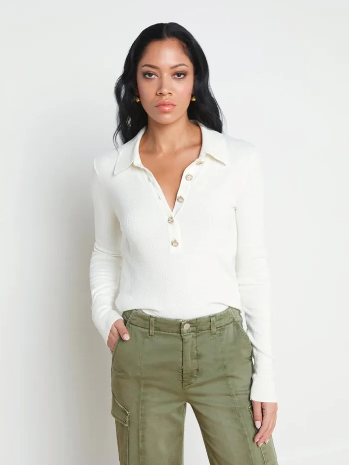 L039Agence Knitwear Women Sterling SilkCotton Blend Sweater Ivory Jewel Button