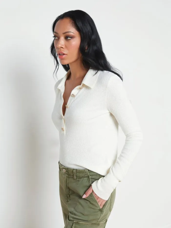 L039Agence Knitwear Women Sterling SilkCotton Blend Sweater Ivory Jewel Button