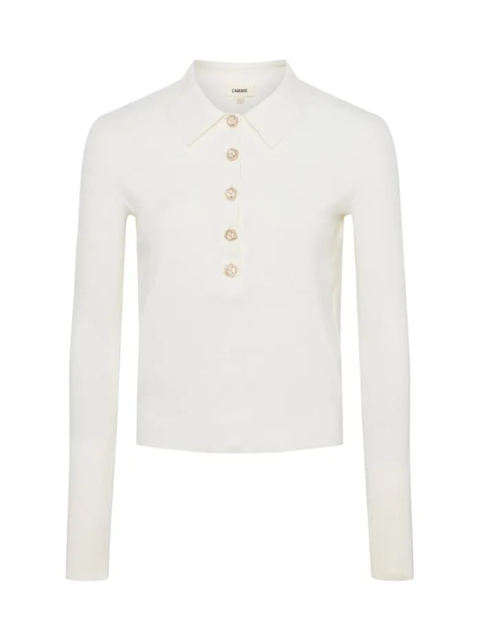 L039Agence Knitwear Women Sterling SilkCotton Blend Sweater Ivory Jewel Button