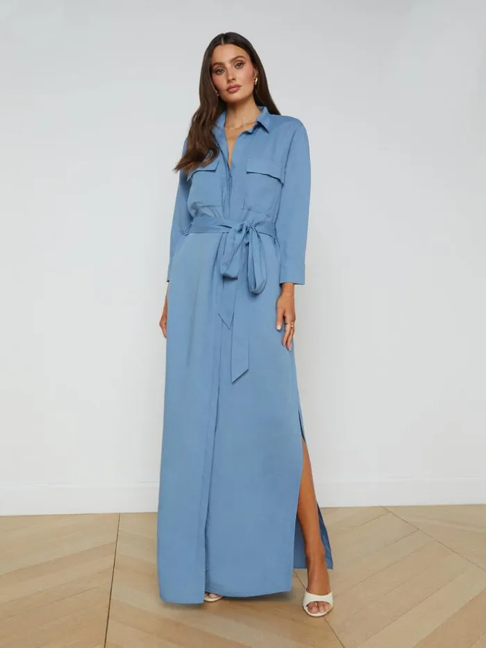 L039Agence Linen Women Cameron LinenBlend Shirt Dress Blue Mist