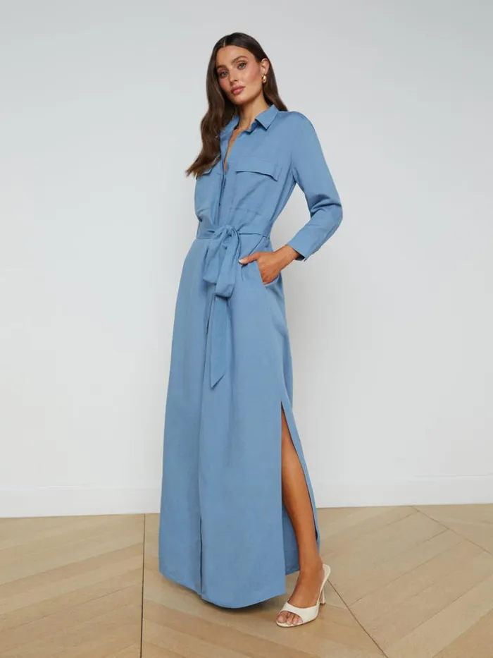 L039Agence Linen Women Cameron LinenBlend Shirt Dress Blue Mist