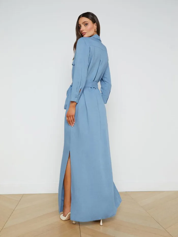L039Agence Linen Women Cameron LinenBlend Shirt Dress Blue Mist