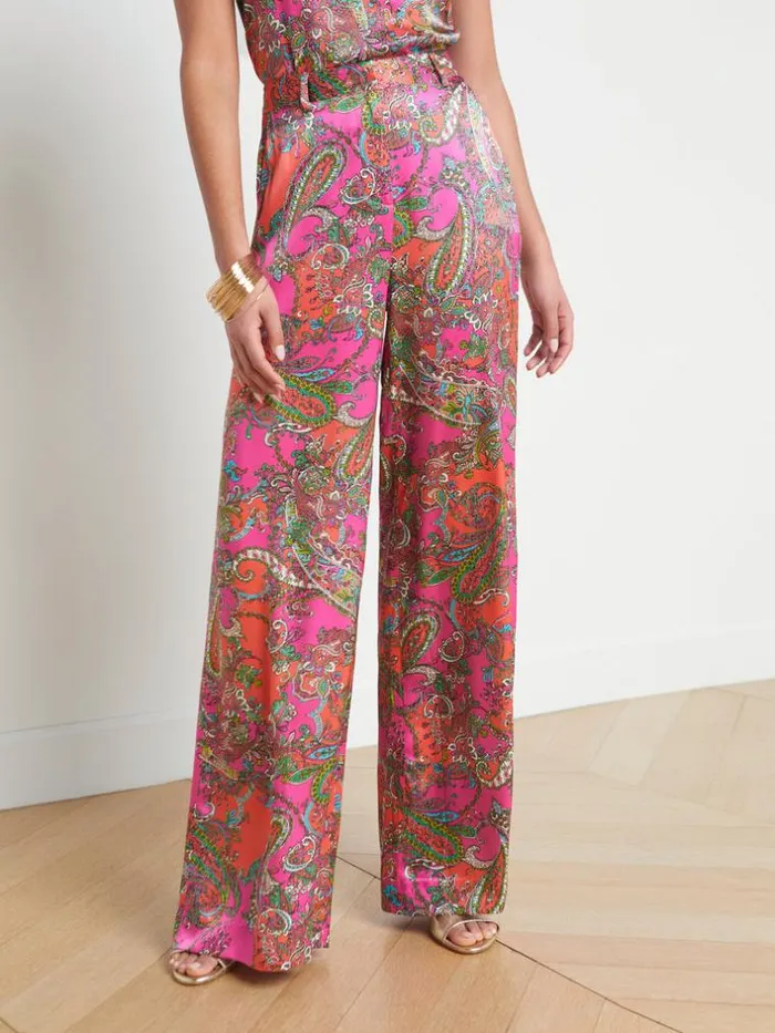 L039Agence Pants Shorts and Skirts Women Gavin Silk WideLeg Pant Rhodamine Multi Bright Pop Paisley
