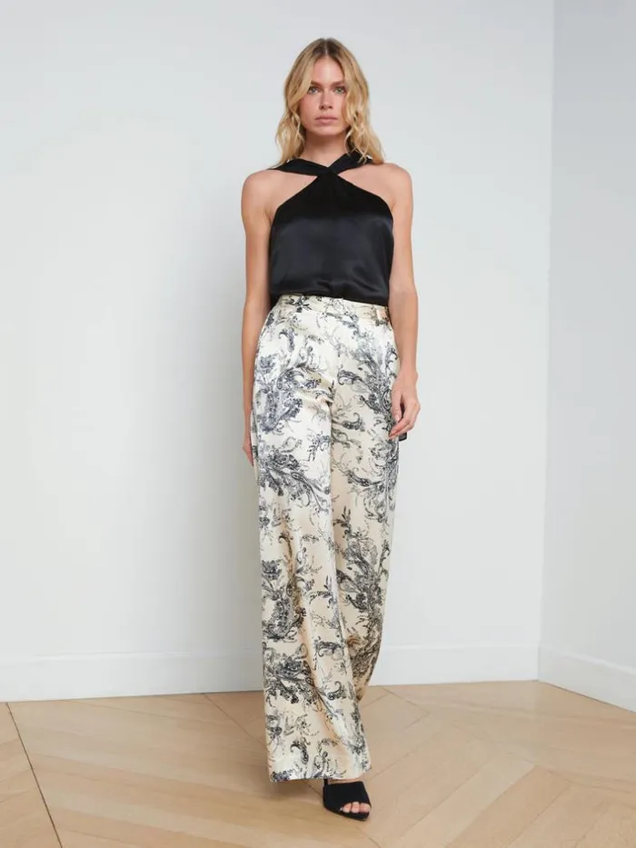 L039Agence Pants Shorts and Skirts Women Pilar Silk WideLeg Pant Ecrublack Sketch Paisley