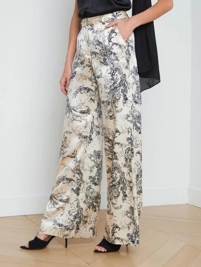 L039Agence Pants Shorts and Skirts Women Pilar Silk WideLeg Pant Ecrublack Sketch Paisley