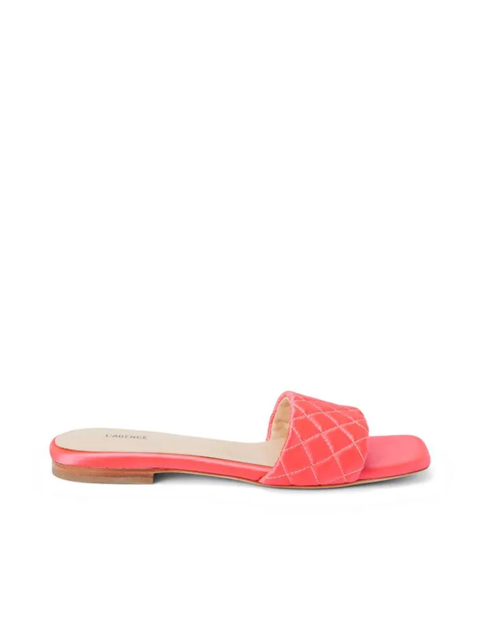 L039Agence Sandals and Wedges Women Aloise Satin Slide Sandal Neon Coral Satin L039Agence Sandals and Wedges Women Aloise Satin Slide Sandal Neon Coral Satin