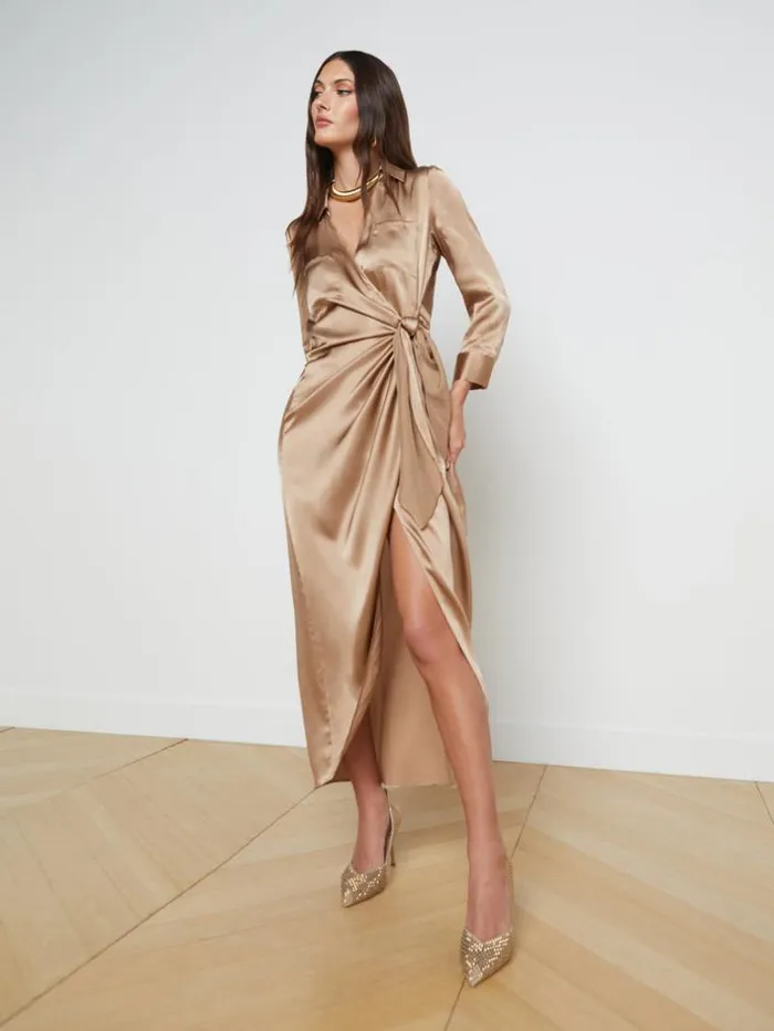 L039Agence Silks Women Kadi Silk Wrap Dress Dark Cappuccino