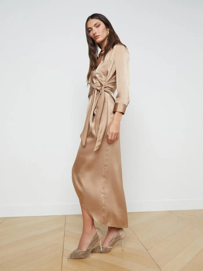L039Agence Silks Women Kadi Silk Wrap Dress Dark Cappuccino