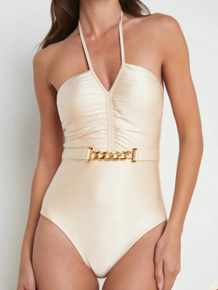 L039Agence Swimwear Women Leila Halter OnePiece Swimsuit Champagne