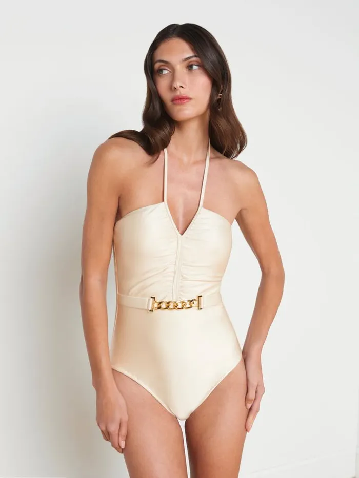 L039Agence Swimwear Women Leila Halter OnePiece Swimsuit Champagne