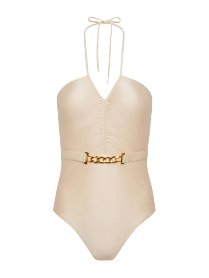 L039Agence Swimwear Women Leila Halter OnePiece Swimsuit Champagne