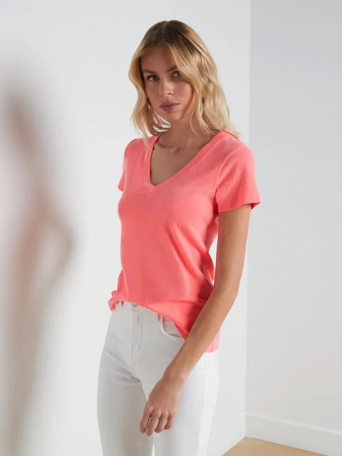 L039Agence Tees Women Becca Cotton VNeck Tee Neon Coral