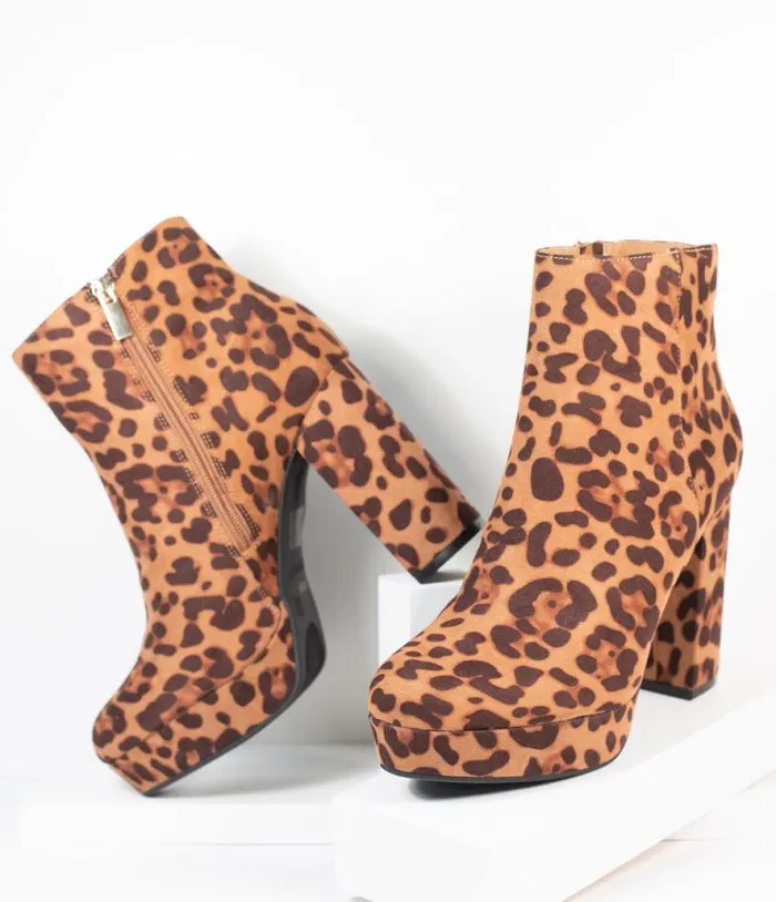Leopard Print Suede Platform Heel Booties Shoes Unique Vintage Heels