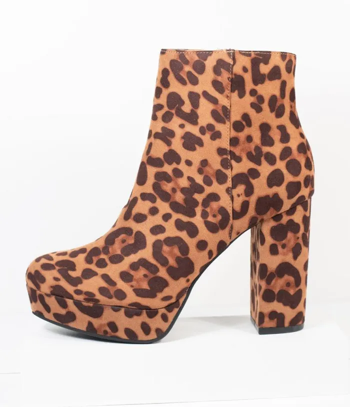 Leopard Print Suede Platform Heel Booties Shoes Unique Vintage Heels