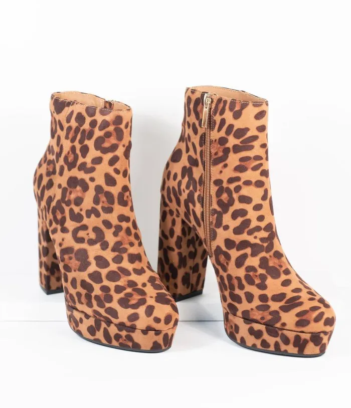 Leopard Print Suede Platform Heel Booties Shoes Unique Vintage Heels