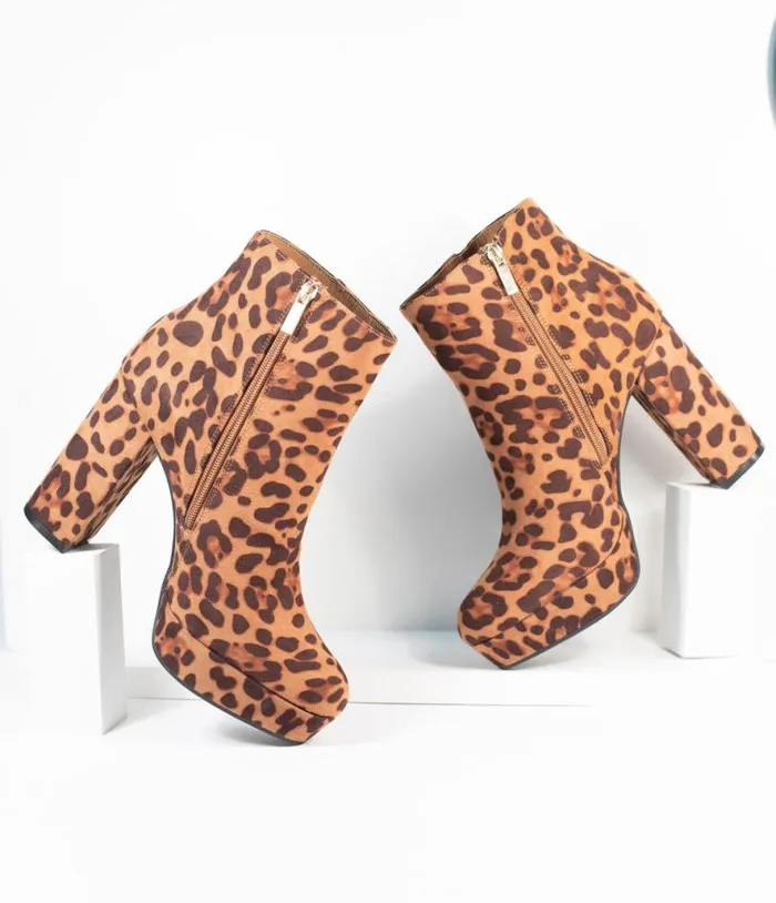 Leopard Print Suede Platform Heel Booties Shoes Unique Vintage Heels