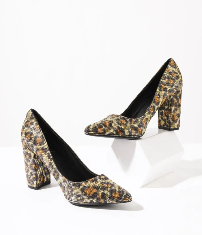 Leopard Rhinestone Block Heels Shoes Unique Vintage Heels